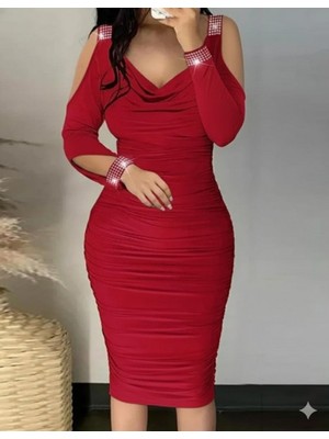 Yeşil Sarmaşık Kadın Omuzlardan Açık Uzun Kollu Taşlı Degaje Yakalı Sandy Midi Elbise