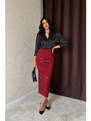 Livizmir Moda Bordo Pulpayetli Parlak Etek