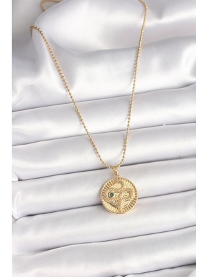 Calperia 316L Çelik Gold Renk Topçuk Zincir Yılan Işlemeli Zirkon Taş Detaylı Madalyon Model Kadın Kolye - TJ-BKO9844