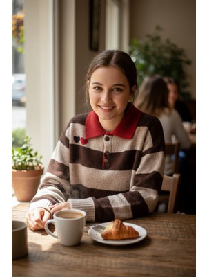 Asl Woman Kadın Çizgili Polo Yaka Triko Kazak – Kalp Nakış Detaylı, Rahat Kesim