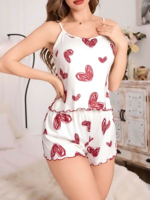 MOTTO10 Butik Kadın Beyaz Kalp Desenli Şortlu Gecelik Pijama Takımı 5052