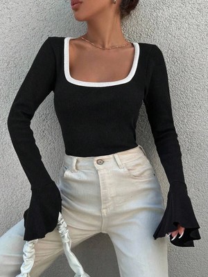 Zengezur Mall Snmswrld Kare Yaka Garni Detay Ispanyol Kol Bluz Siyah A3105 (Beden: M)