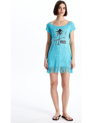 Lc Waikiki Yeni Sezon Bisiklet Yaka Baskılı Kısa Kollu Kadın Plaj Elbisesi