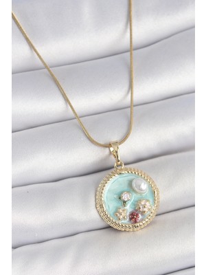 Calperia 316L Çelik Gold Renk Zincir Mavi Mineli Inci Çiçek Işlemeli Zirkon Taş Detaylı Madalyon Model Kadın Kolye - TJ-BKO10174