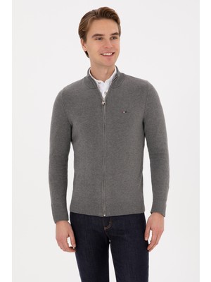 U.S. Polo Assn. Erkek Gri Melanj Hırka %100 Pamuk Slim Fit Tek Cepli Trend Stil