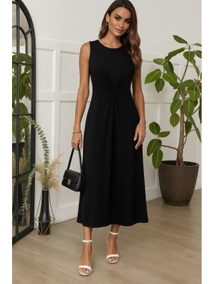 Etiler Collection Kadın Sıfır Kollu Bisiklet Yaka Yandan Büzgü Detaylı Viskon Elbise