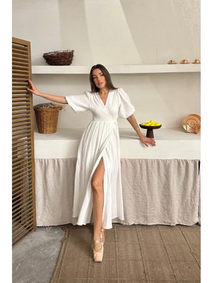 Livizmir Moda Ekru Müslin Uzun Elbise