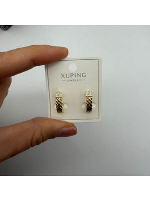 Xuping Örgü Zincir Detaylı Taşlı Gold Mini Halka Küpe