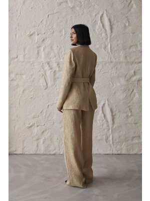 Livizmir Moda Sarı Beli Kuşaklı Ceket ve Pantolon Parlak Takım