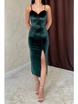 Livizmir Moda Zümrüt Kadife Elbise