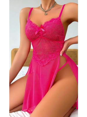 MOTTO10 Butik Kadın Pembe Fantezi Gecelik Tül Fiyonk Detaylı Yanları Dekolteli 2091
