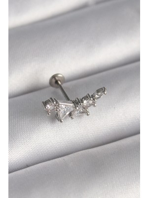 Skygo 316L Çelik Gümüş Renk Zirkon Taşlı Tragus Piercing