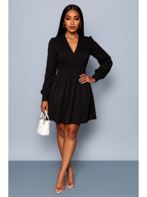 Livizmir Moda Kadın Uzun Kollu V Yaka Belden Hafif Pileli Scuba Krep Mini Boy Elbise