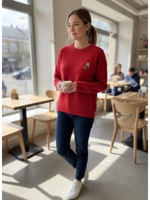 Asl Woman Ayı Nakışlı Bisiklet Yaka Oversize Triko Kazak – Yumuşak Dokulu Kışlık Kadın Kazak