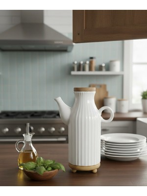 Bambu Altlıklı Porselen Yağ & Sirkelik 1000 ml - Mutfak Tezgah Üstü Dekoratif Yağdanlık