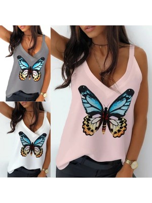 Livizmir Moda Kadın Kelebek Baskılı Sandy Kumaş Askılı Bluz