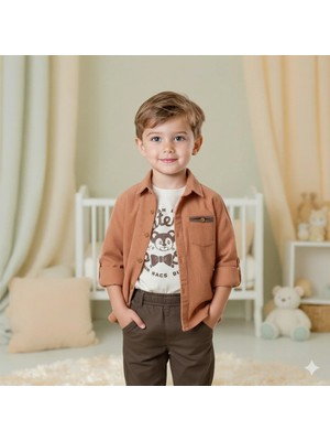 Cattackids Erkek Çocuk Tropik Desenli Gömlek Turuncu Şort Takımı 2-5 Yaş