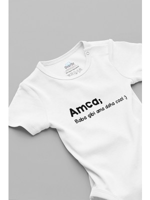 Overoz Amca Baba Gibi Ama Daha Cool Yazılı Kısa Kollu Beyaz Bebek Body Zıbın 5055