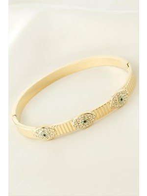 Flamex Göz Zirkon Taşlı Lüks Çelik Kelepçe Bileklik