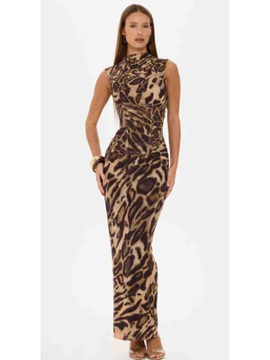 Moda Leopar Desenli Uzun Korseli Balenli Elbise