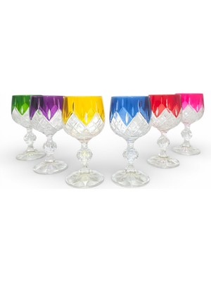 Sudedi Home Renkli Kristal Ayaklı Bardak Seti 6’lı Cam Kesim Desenli Sunum Kadehi