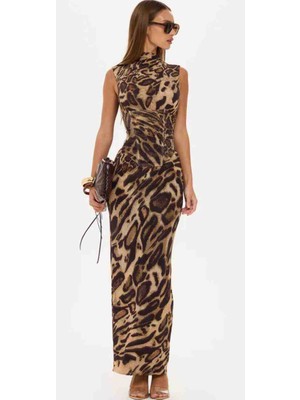 Moda Leopar Desenli Uzun Korseli Balenli Elbise