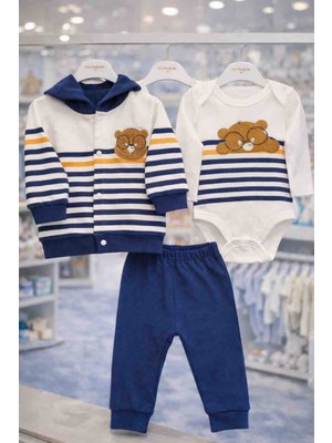 Melisa Ticaret Erkek Bebek 3-6 ay Kabartmalı Ayı Figürlü Kapşonlu Hırka Body Pantolon Seti