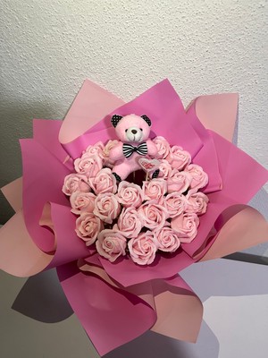 Iç Mekan 23 Kokulu Kaliteli Gül Buketi -Ayıcık Aranjmanı -Pembe Buket