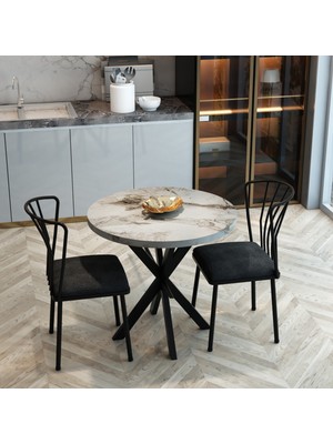 Mrv Home 70 cm Yıldız Ayaklı Yuvarlak Mutfak Masa Takımı - Gri Mermer Görünümlü