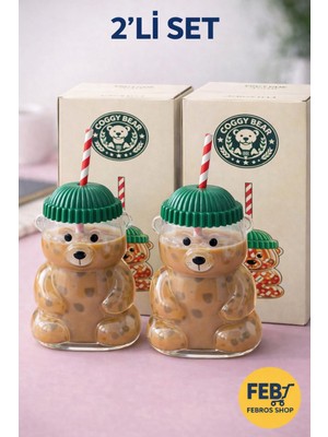 Febros Ayıcık Cam Bardak 2 Li Set Pipetli Bear Glass Kupa Şeffaf Çok Kullanışlı Içecek Bardağı
