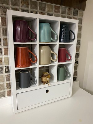 Ediz Ahşap Ediz Abşap %100 Mdf 9 Gözlü Minimal Çekmeceli Mutfak Kahve Köşesi Kupa Rafı Düzenleyicisi