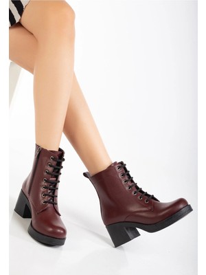 Pazarcan 5109-3025 Bordo Bağcıklı Fermuarlı Kalın Topuklu Günlük Kadın Bot