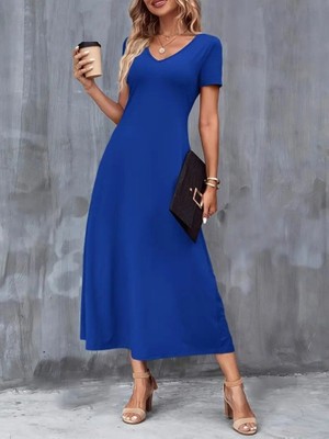 Etiler Collection Kadın Kısa Kollu V Yakalı Cepli Viskon Elbise