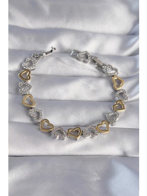 Flamex Vip Seri Pirinç Çift Renkli Zirkon Taşlı Içi Boş Kalp Tasarımlı Bileklik