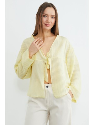 FullaModa Çizgili Önü Bağlamalı Kimono