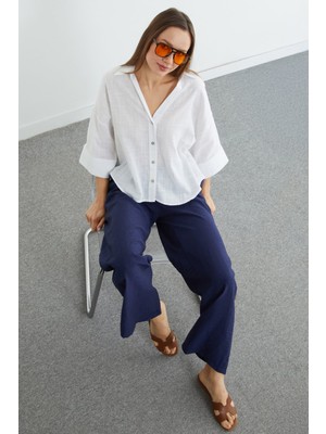 FullaModa Keten Görünümlü  Kapri Kol Gömlek