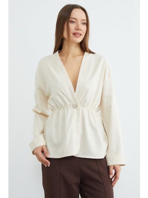 FullaModa Beli Lastikli Keten Görünümlü Ceket