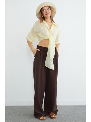 FullaModa Çizgili Jakarlı Bağlamalı Crop Gömlek