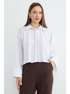 FullaModa Pileli Geniş Kol Salaş Crop Gömlek