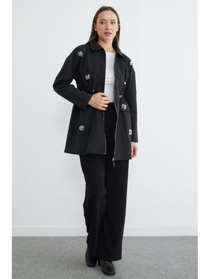 FullaModa Çiçek Işlemeli Beli Lastikli Trençkot