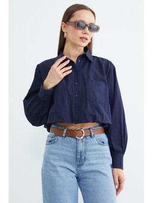 FullaModa Düğmeli Tek Cepli Crop Gömlek