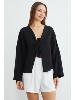 FullaModa Çizgili Önü Bağlamalı Kimono