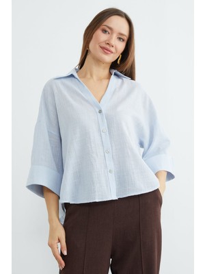 FullaModa Keten Görünümlü  Kapri Kol Gömlek