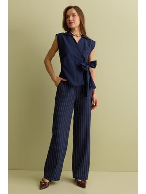 FullaModa Yandan Bağlamalı Drapeli Kruvaze Yaka Gömlek