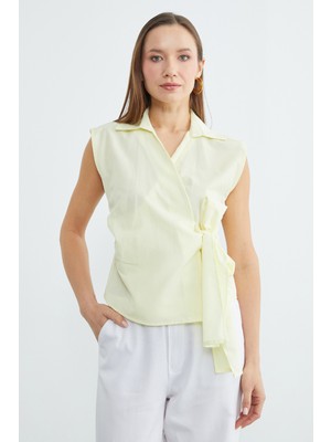 FullaModa Yandan Bağlamalı Drapeli Kruvaze Yaka Gömlek