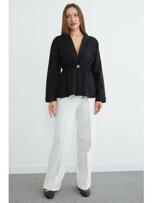 FullaModa Beli Lastikli Keten Görünümlü Ceket