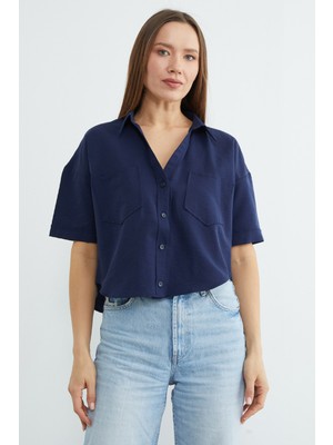 FullaModa Çift Cepli Oversize Crop Gömlek