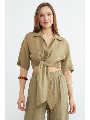 FullaModa Çizgili Jakarlı Bağlamalı Crop Gömlek