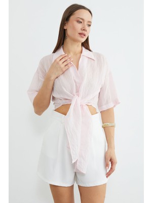 FullaModa Çizgili Jakarlı Bağlamalı Crop Gömlek