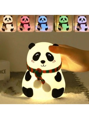 Flamex 5 Farklı Renk Modlu Panda Figürlü Pofuduk LED Gece Lambası–yumuşak Dokulu Çocuk Odası ve De